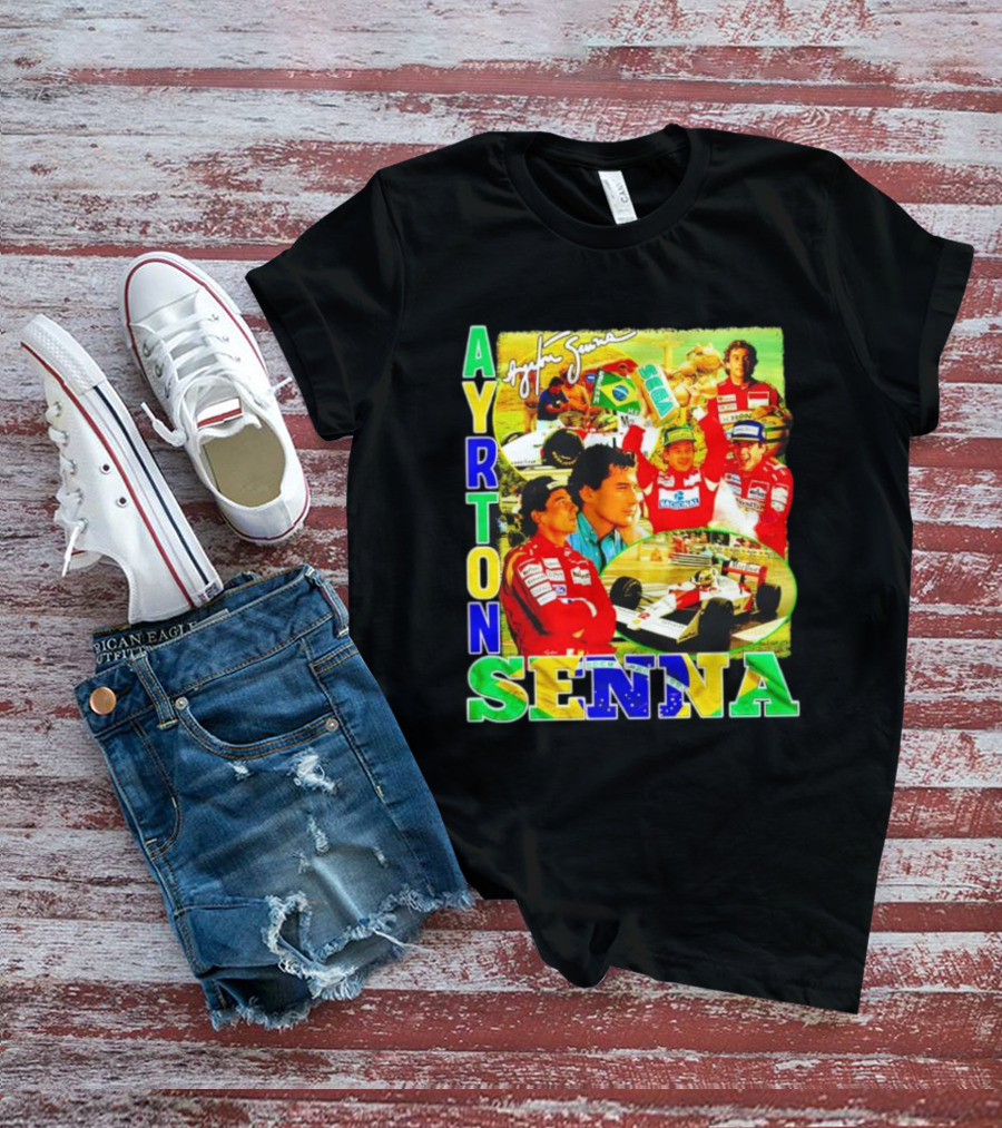 Ayrton Senna Signature Celebration Collage With Brazilian Flag Colors T-Shirt