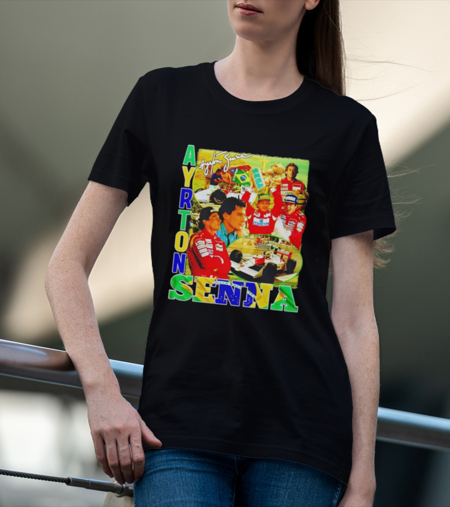 Ayrton Senna Signature Celebration Collage With Brazilian Flag Colors T-Shirt