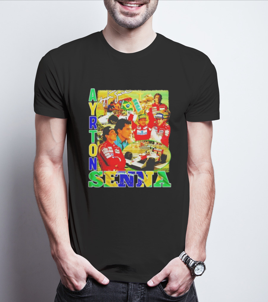 Ayrton Senna Signature Celebration Collage With Brazilian Flag Colors T-Shirt