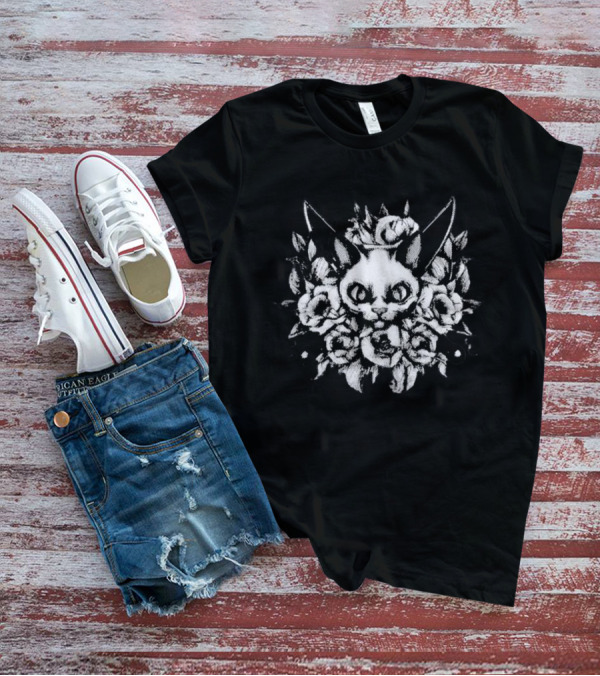 Cat Surrounded By Knives And Flowers T-Shirt