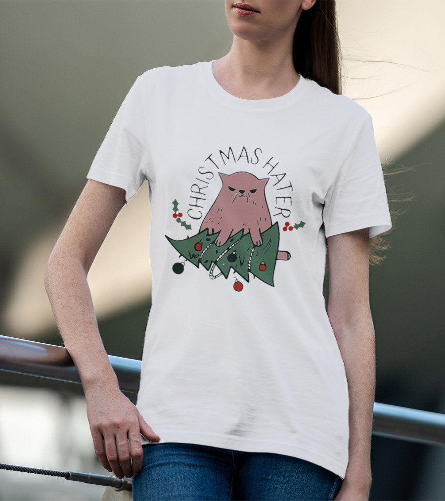 Christmas Hater Angry Cat With Broken Tree And Holly Decorations T-Shirt