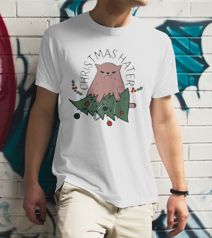 Christmas Hater Angry Cat With Broken Tree And Holly Decorations T-Shirt