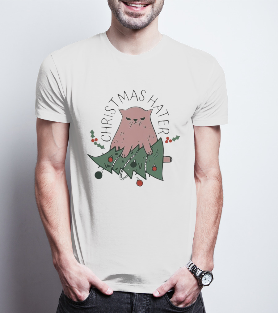 Christmas Hater Angry Cat With Broken Tree And Holly Decorations T-Shirt