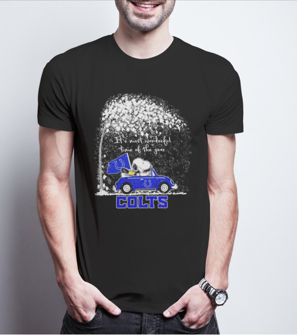 Snoopy And Woodstock Colts It's Most Wonderful Time Of The Year Winter Car Scene T-Shirt