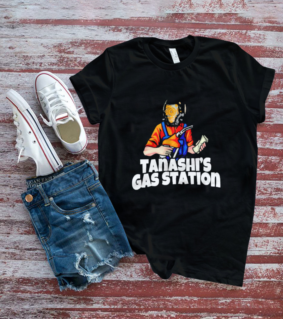 TANASHI’S GAS STATION ATTENDANT WITH RETRO HELMET AND ORANGE UNIFORM HOLDING FUEL PUMP AND MONEY T-Shirt