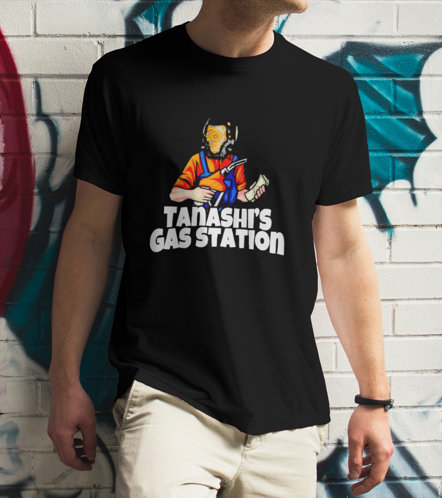 TANASHI’S GAS STATION ATTENDANT WITH RETRO HELMET AND ORANGE UNIFORM HOLDING FUEL PUMP AND MONEY T-Shirt