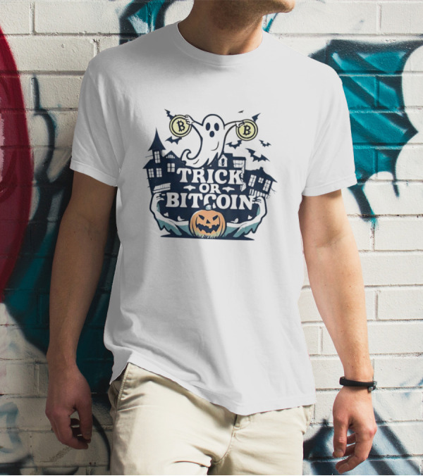Trick Or Bitcoin Ghost Halloween With Pumpkins And Coins T-Shirt