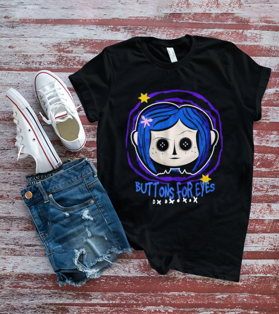 Buttons For Eyes Blue Haired Character With Stars T-Shirt