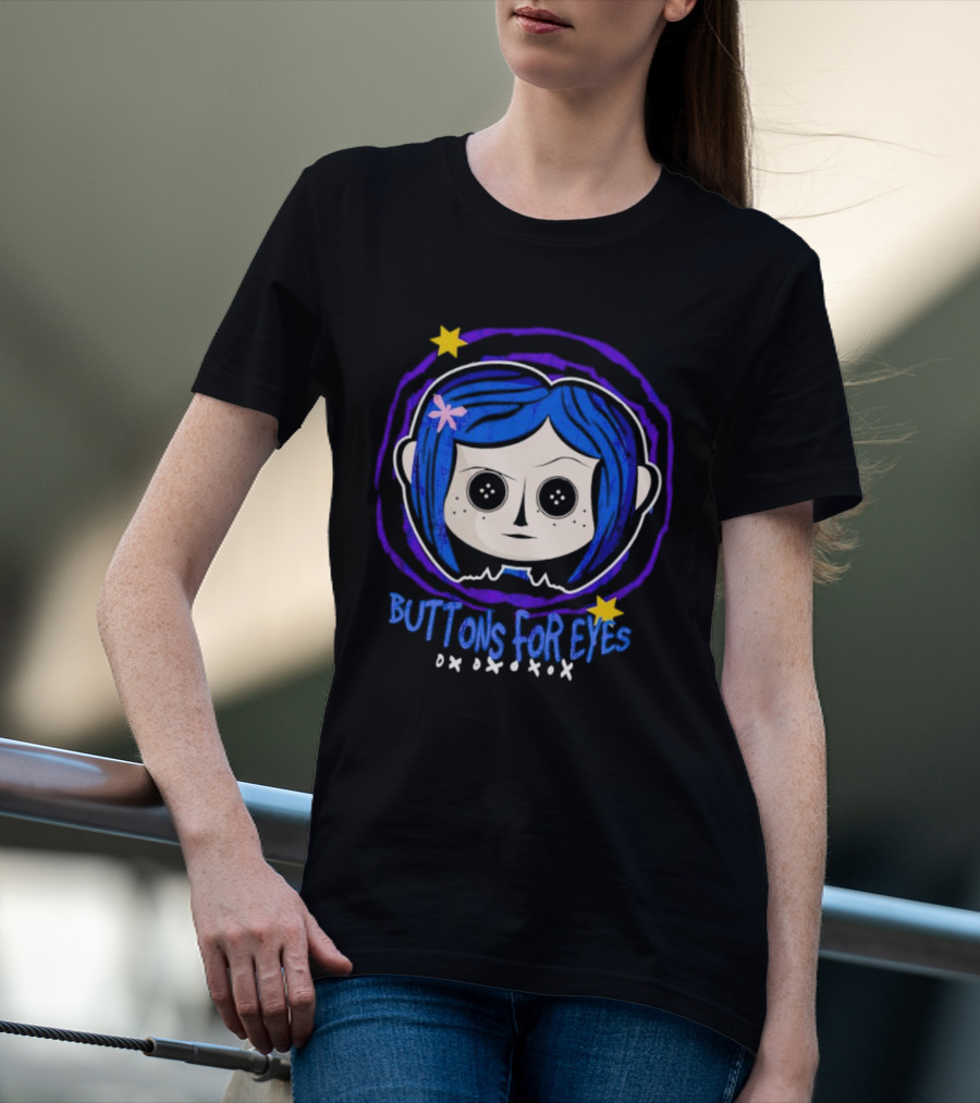 Buttons For Eyes Blue Haired Character With Stars T-Shirt