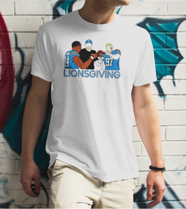 Detroit Lions Lionsgiving Thanksgiving Imagery With Players And Coach T-Shirt