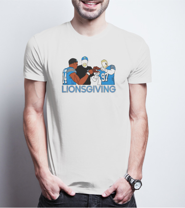 Detroit Lions Lionsgiving Thanksgiving Imagery With Players And Coach T-Shirt
