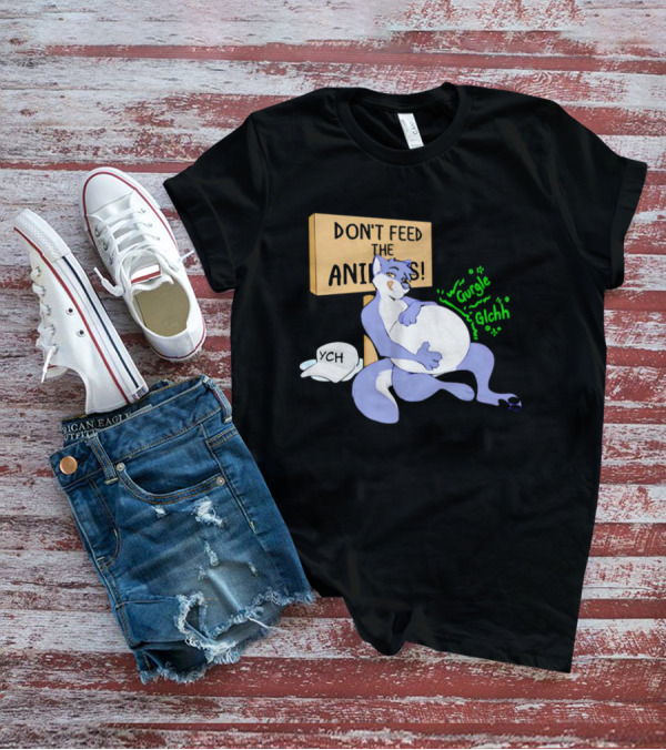 Don't Feed The Animals Gurgle Glchh YCH Sign With Full-Bellied Purple Cartoon Character T-Shirt