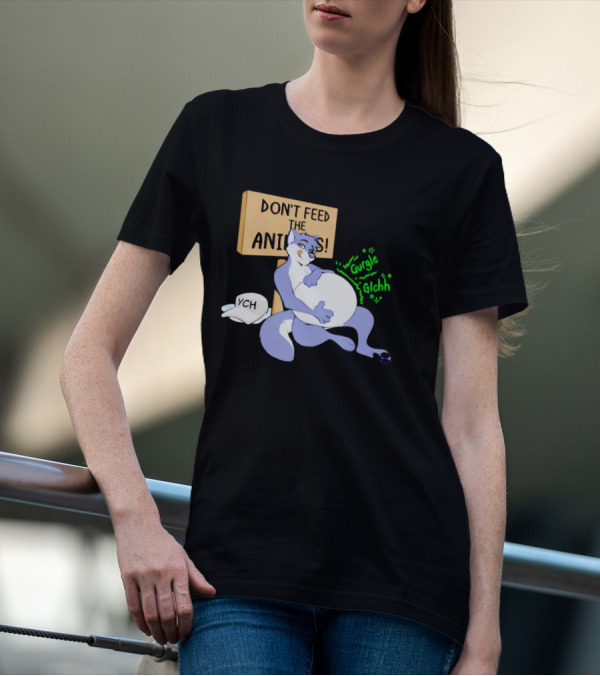 Don't Feed The Animals Gurgle Glchh YCH Sign With Full-Bellied Purple Cartoon Character T-Shirt