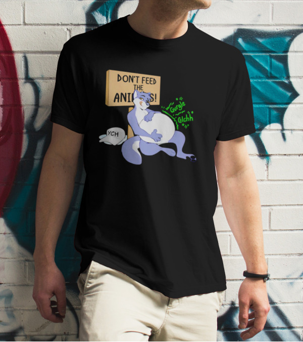 Don't Feed The Animals Gurgle Glchh YCH Sign With Full-Bellied Purple Cartoon Character T-Shirt
