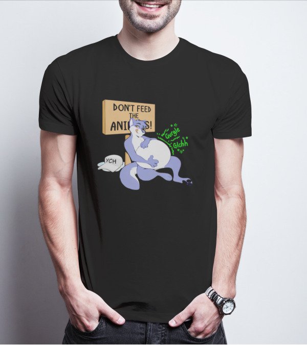 Don't Feed The Animals Gurgle Glchh YCH Sign With Full-Bellied Purple Cartoon Character T-Shirt