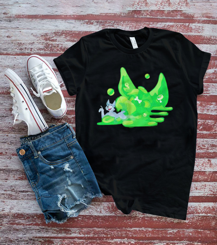 Gelatinous Dog Cartoon Slime With Playful Grey Pup And Green Ooze T-Shirt