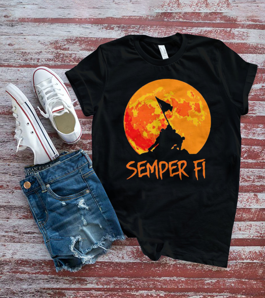 Semper Fi Halloween Full Moon Flag Raising T-Shirt