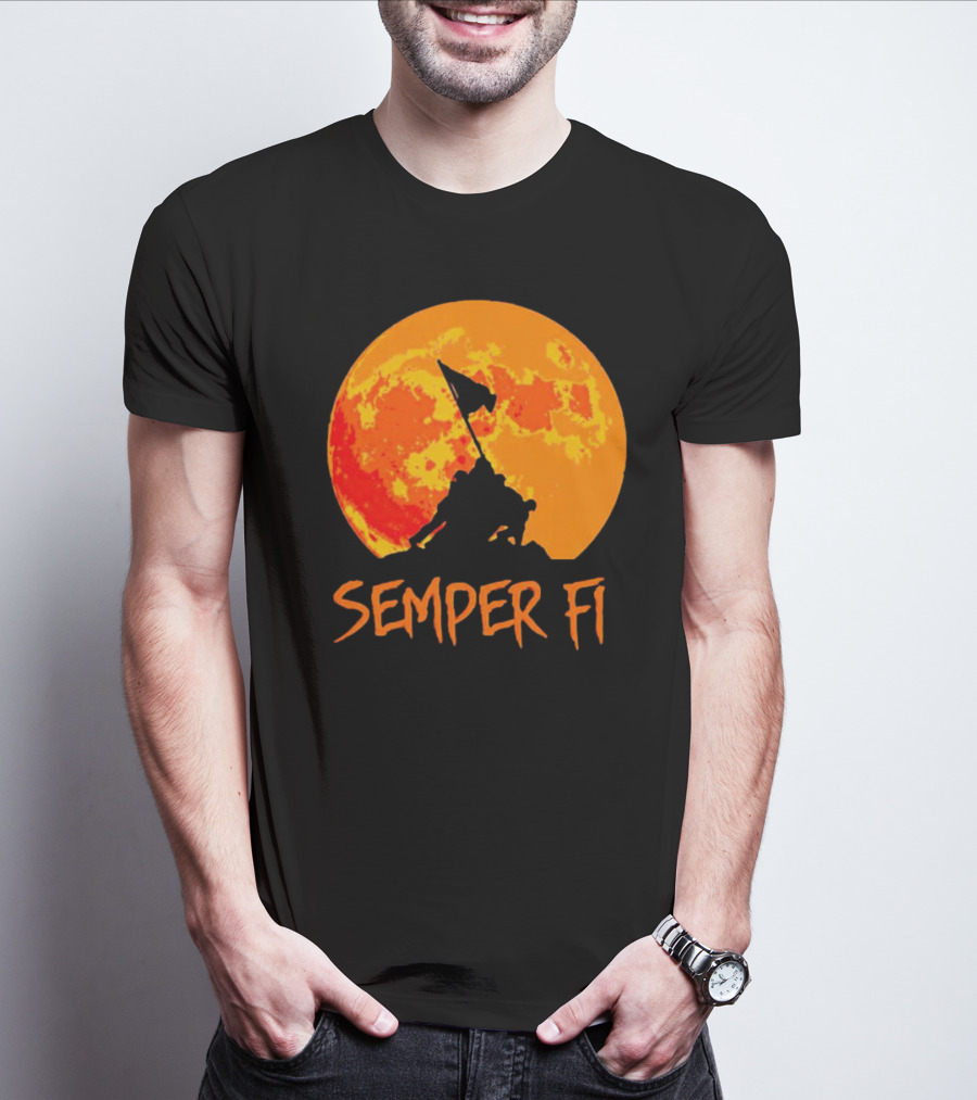 Semper Fi Halloween Full Moon Flag Raising T-Shirt