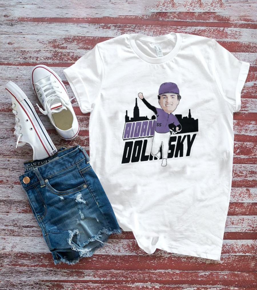 Aidan Dolinsky 55 Purple Baseball Caricature With City Skyline T-Shirt