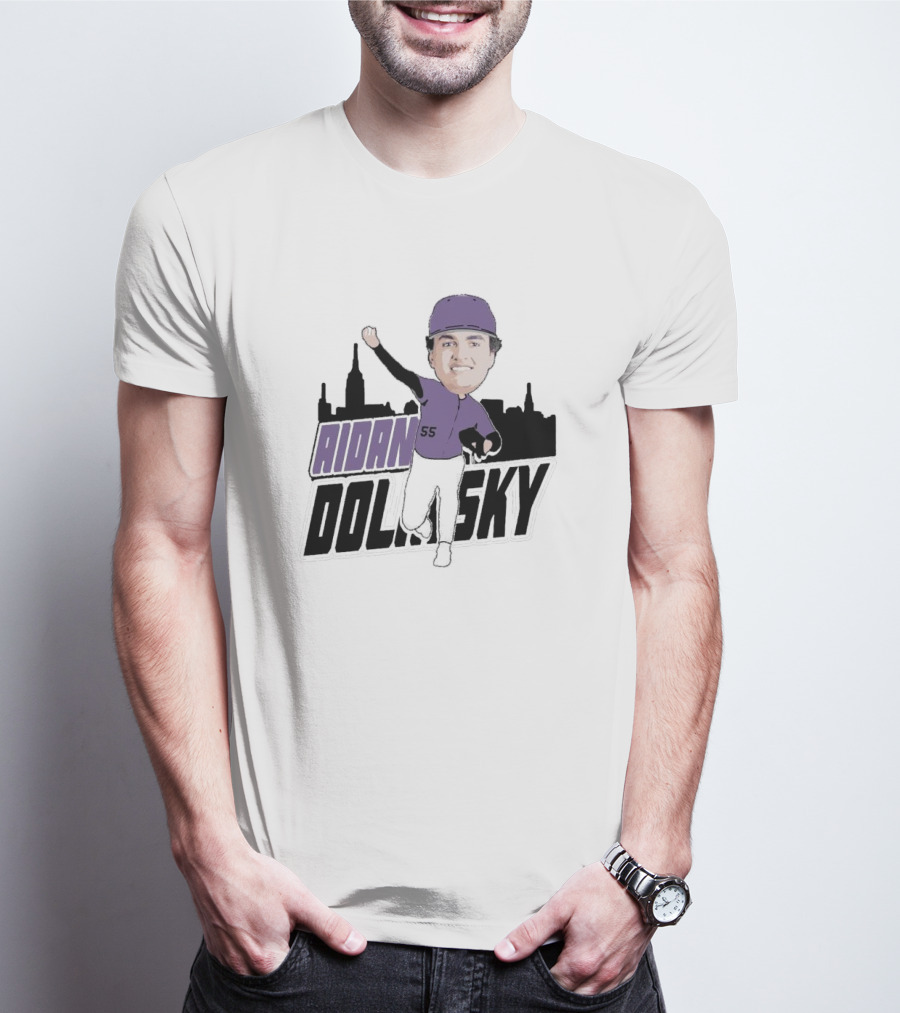 Aidan Dolinsky 55 Purple Baseball Caricature With City Skyline T-Shirt