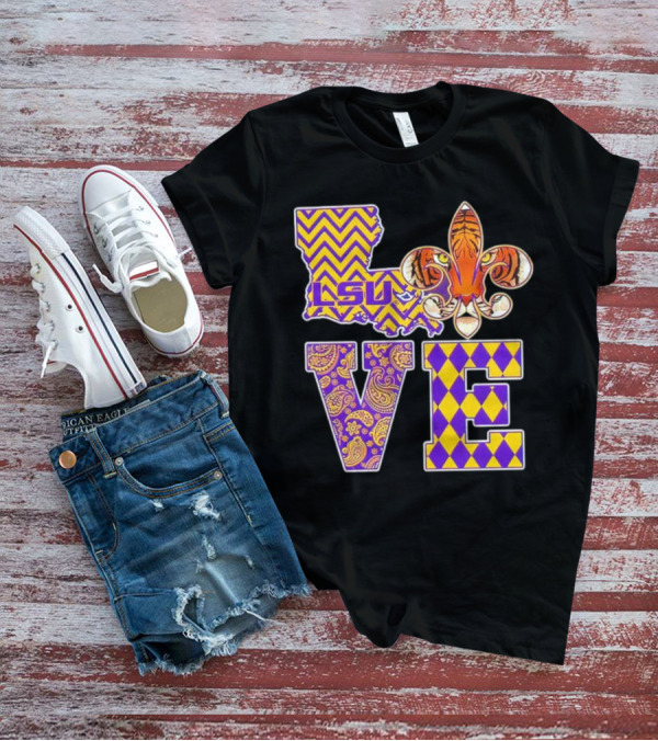 LSU Tigers Love Fleur De Lis Louisiana Purple Gold Chevron Paisley Harlequin T-Shirt