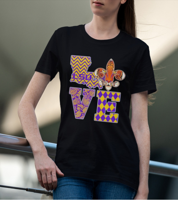 LSU Tigers Love Fleur De Lis Louisiana Purple Gold Chevron Paisley Harlequin T-Shirt