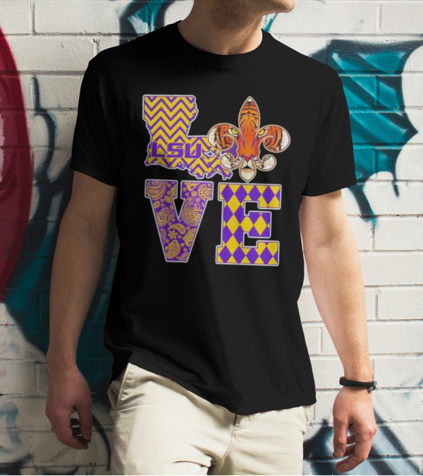 LSU Tigers Love Fleur De Lis Louisiana Purple Gold Chevron Paisley Harlequin T-Shirt