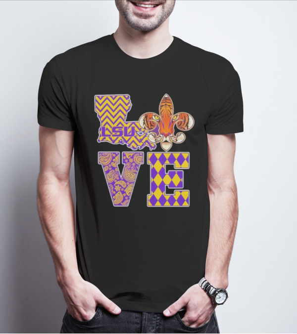 LSU Tigers Love Fleur De Lis Louisiana Purple Gold Chevron Paisley Harlequin T-Shirt