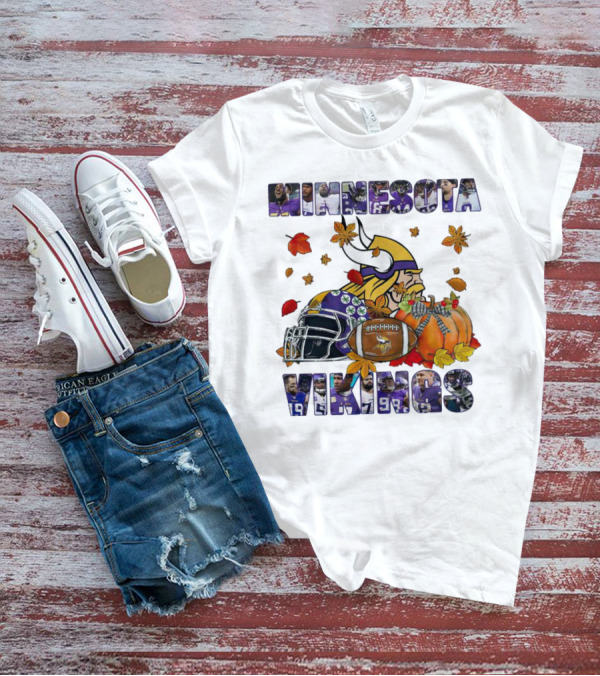 Minnesota Vikings Football Fall Leaves Helmet Pumpkin T-Shirt