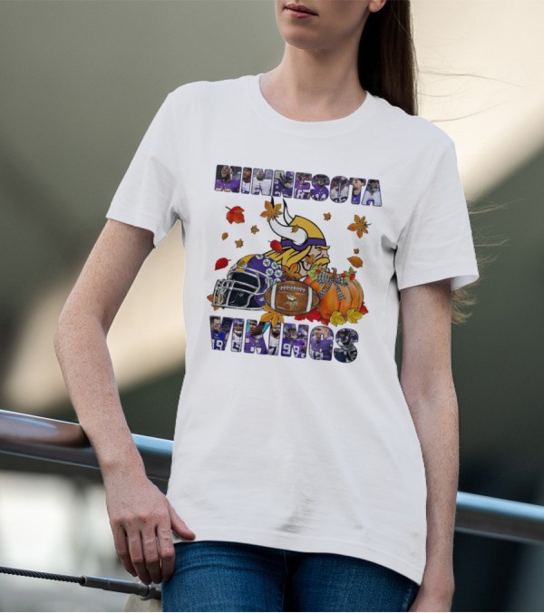 Minnesota Vikings Football Fall Leaves Helmet Pumpkin T-Shirt