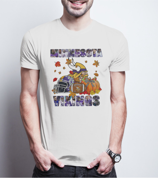 Minnesota Vikings Football Fall Leaves Helmet Pumpkin T-Shirt