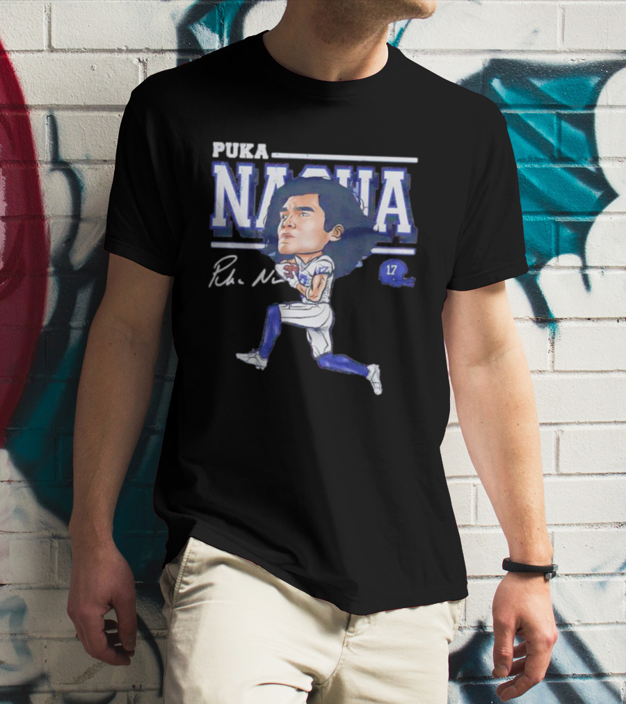 Puka Nacua Los Angeles 17 Cartoon Autograph Football T-Shirt