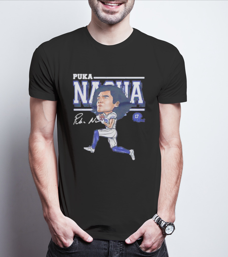 Puka Nacua Los Angeles 17 Cartoon Autograph Football T-Shirt