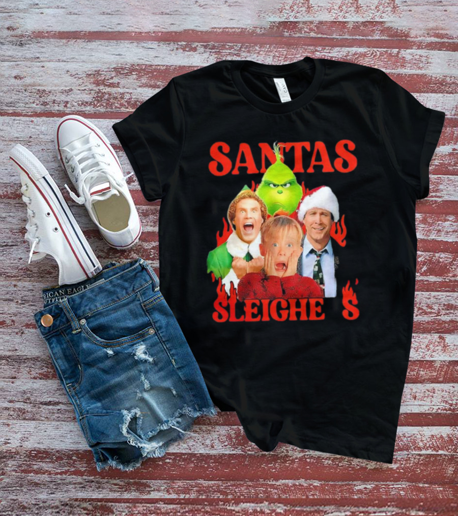 Santas Sleighers Christmas Rock Tour Featuring Iconic Holiday Characters T-Shirt