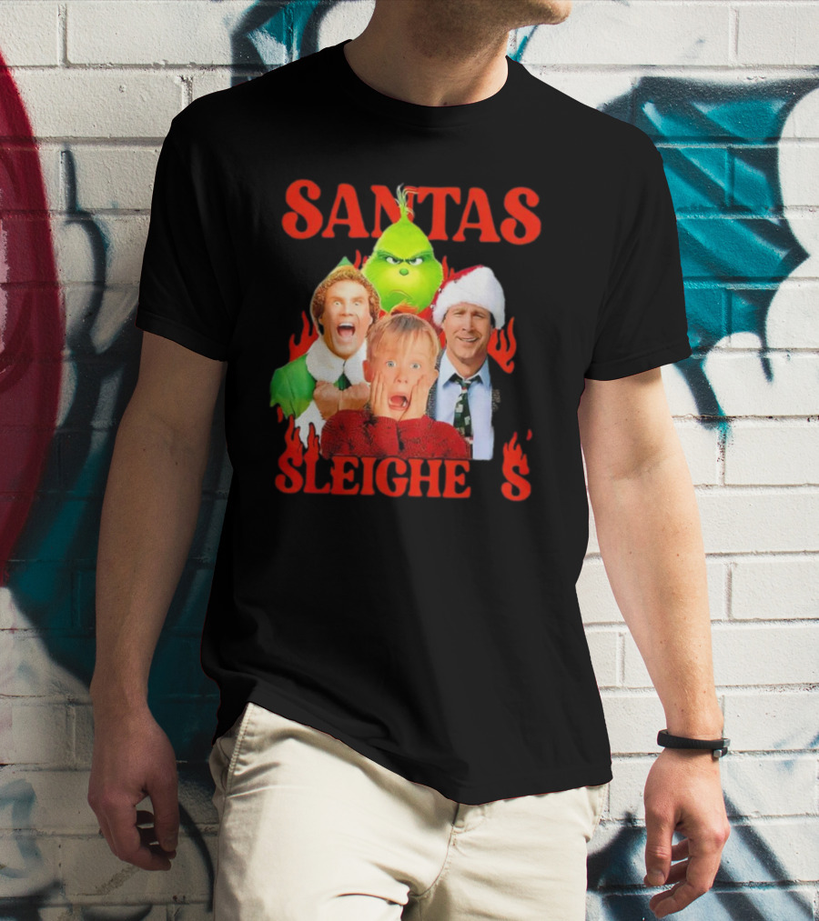 Santas Sleighers Christmas Rock Tour Featuring Iconic Holiday Characters T-Shirt