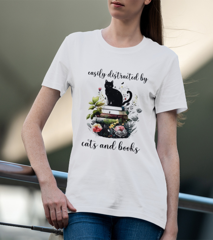 Easily Distracted By Cats And Books Black Cat On Stacked Books With Flowers T-Shirt