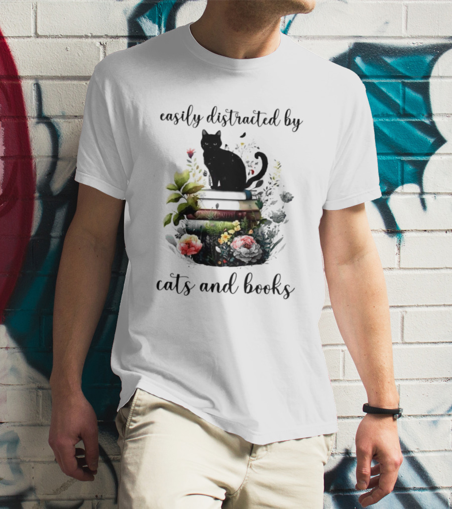 Easily Distracted By Cats And Books Black Cat On Stacked Books With Flowers T-Shirt