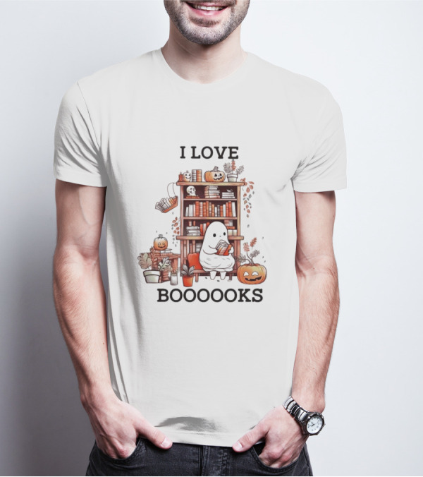 I Love Boooooks Ghost Reading With Pumpkins And Bookshelf Halloween T-Shirt