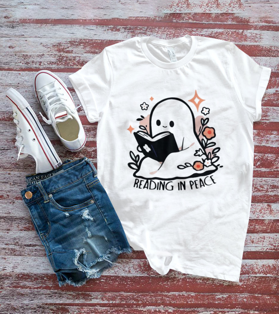 Reading In Peace Halloween Ghost Surrounded By Flowers T-Shirt