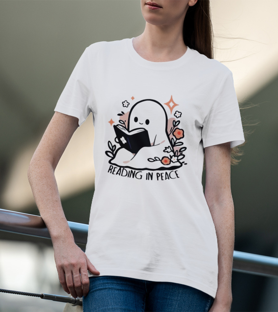 Reading In Peace Halloween Ghost Surrounded By Flowers T-Shirt