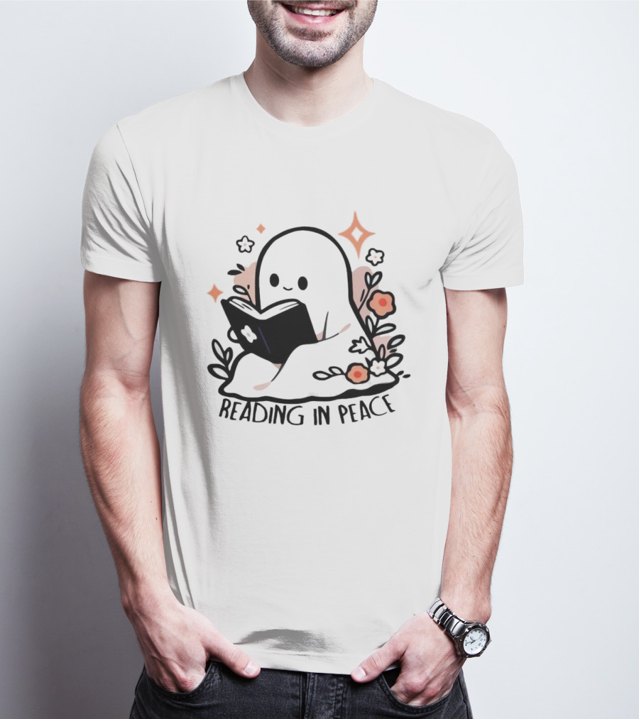 Reading In Peace Halloween Ghost Surrounded By Flowers T-Shirt