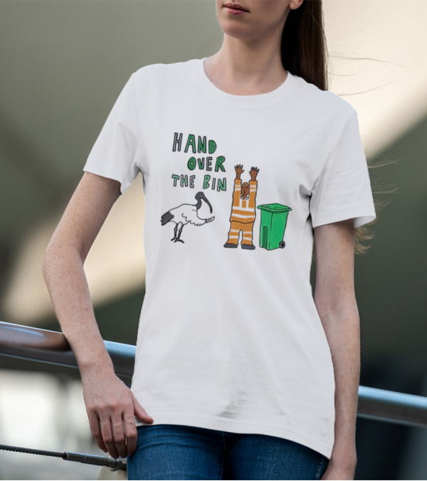 Hand Over The Bin Garbage Collector And Bird Cartoon Scene T-Shirt