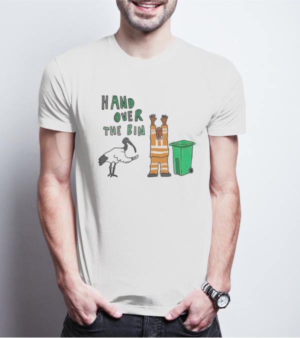 Hand Over The Bin Garbage Collector And Bird Cartoon Scene T-Shirt