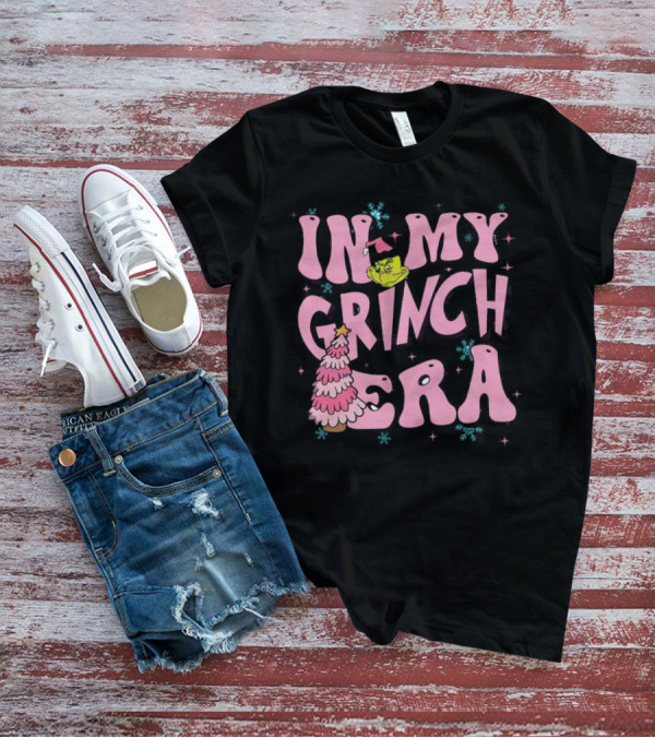 In My Grinch Era Pink Christmas Tree With Green Face And Santa Hat T-Shirt
