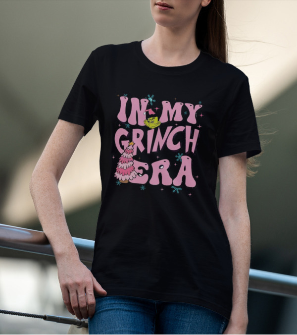 In My Grinch Era Pink Christmas Tree With Green Face And Santa Hat T-Shirt