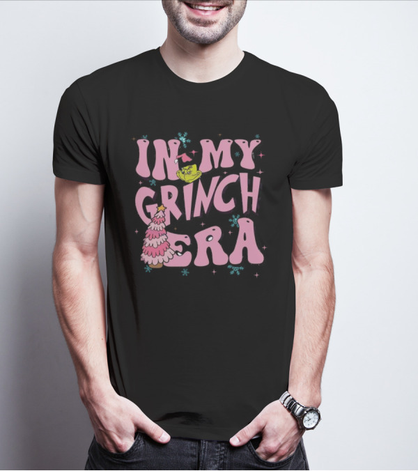 In My Grinch Era Pink Christmas Tree With Green Face And Santa Hat T-Shirt