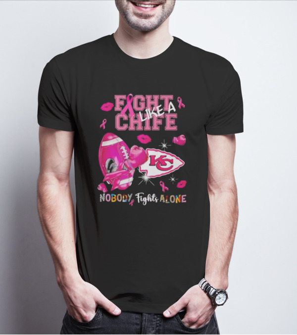 Fight Like A Chief Nobody Fights Alone Breast Cancer KC Pink Ribbon Football Gloves T-Shirt