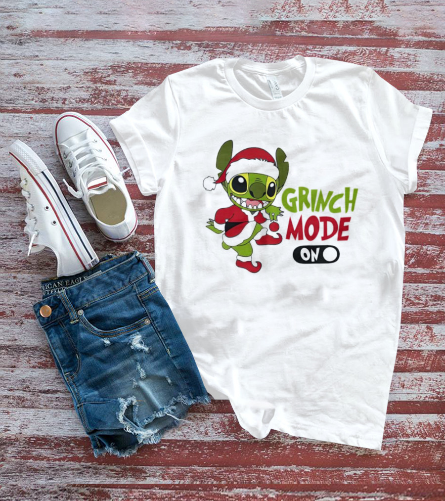 Stitch Grinch Mode On Christmas Santa Hat Festive T-Shirt