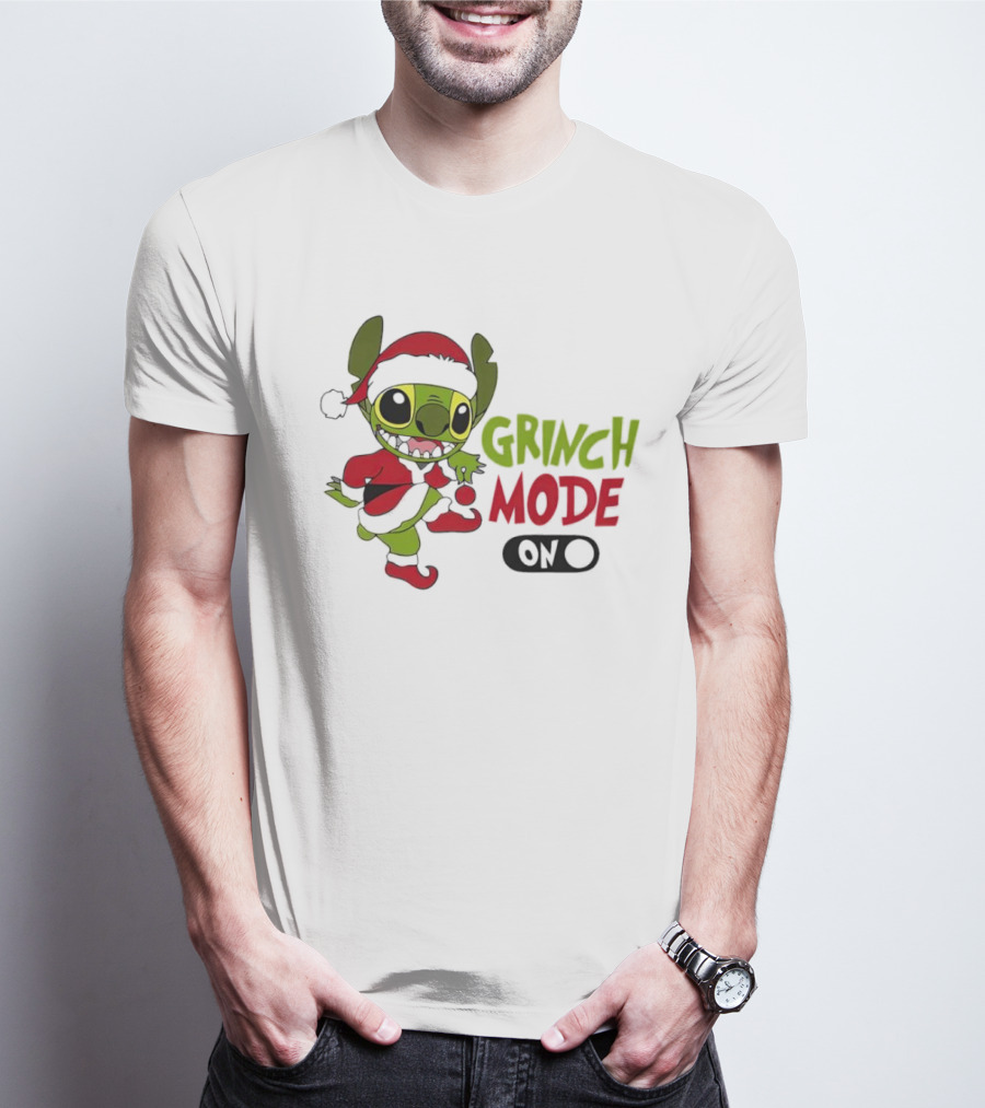Stitch Grinch Mode On Christmas Santa Hat Festive T-Shirt