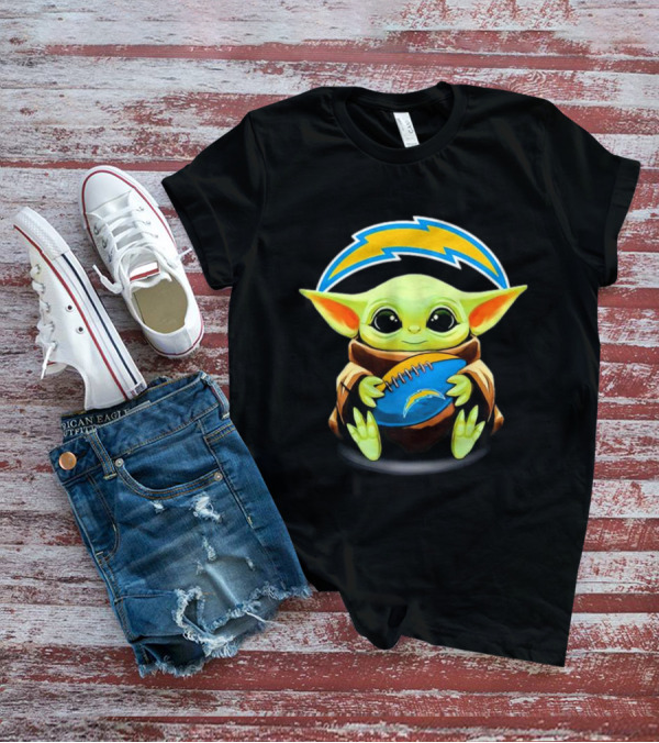 Baby Yoda Holding Los Angeles Chargers Football T-Shirt